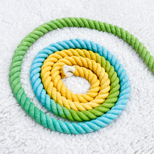 Load image into Gallery viewer, 4ft long 12mm Yellow, Blue and Green multicolour Ombre Hand Dyed Rope Lead