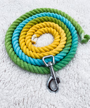 Load image into Gallery viewer, 4ft long 12mm Yellow, Blue and Green multicolour Ombre Hand Dyed Rope Lead